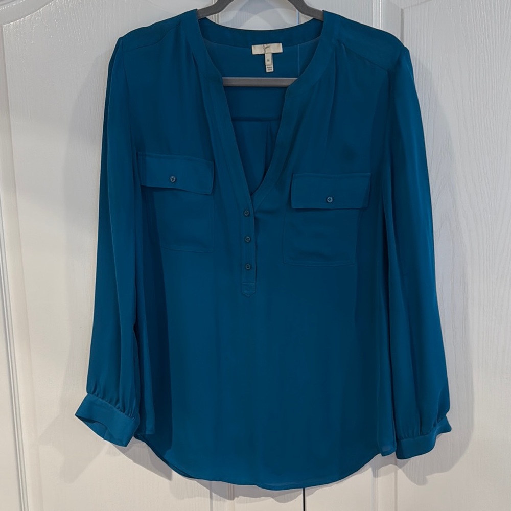 Joie Blue Long Sleeve Relaxed Blouse with Mandarin Collar